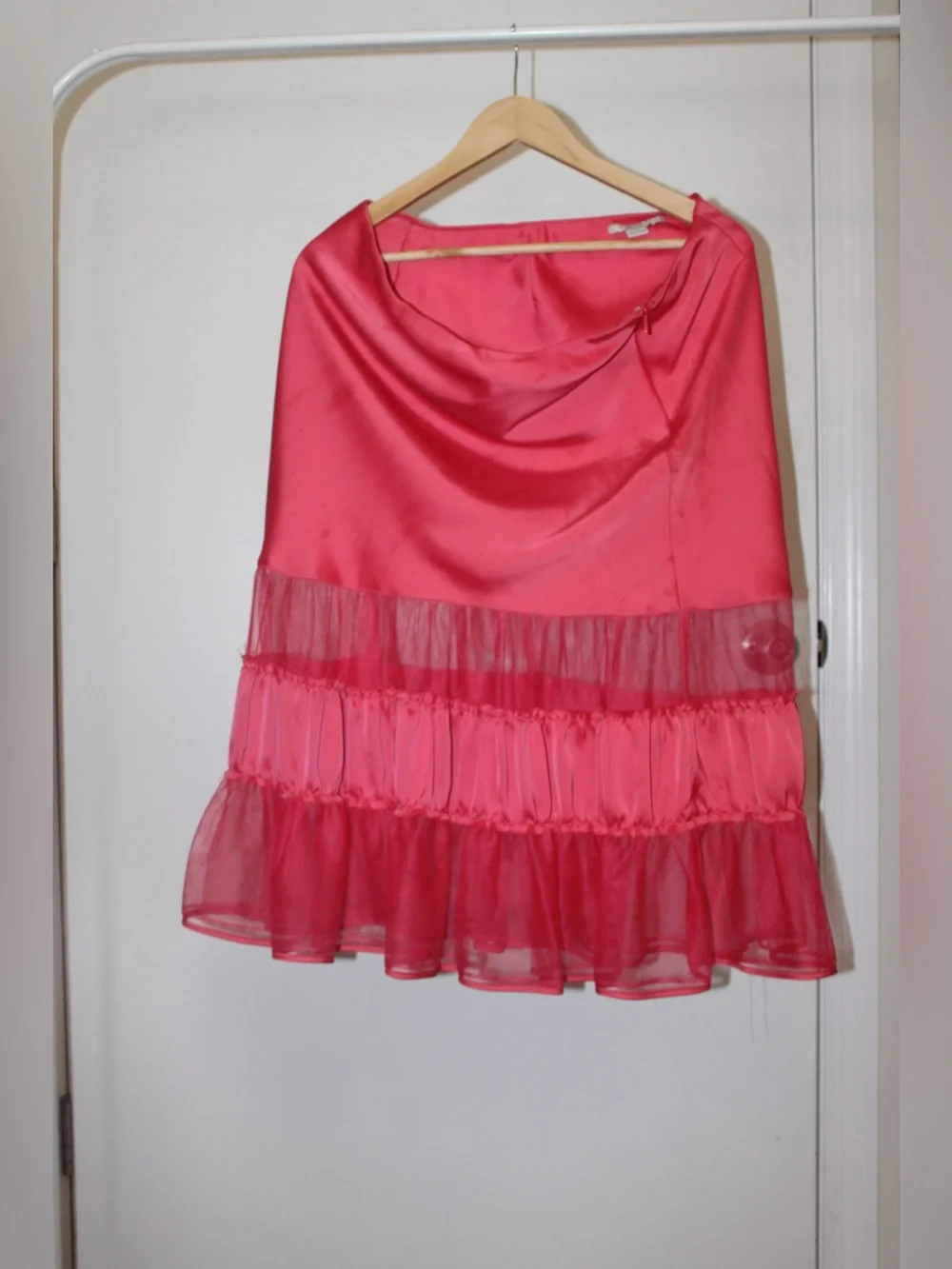 Kimchi Blue Pink Satin Midi Skirt with Tiered Organza Ruffles USED